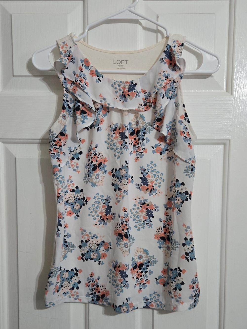 LOFT Cream Floral Ruffle Tank with Blue and Peach Accents